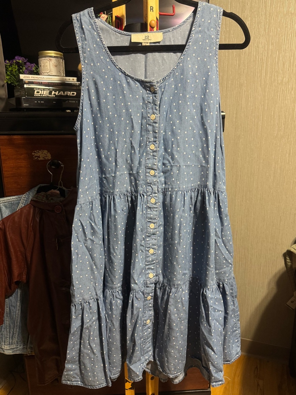 Thread & Supply Polka Dot Chambray Tiered Button Front Sundress Size M